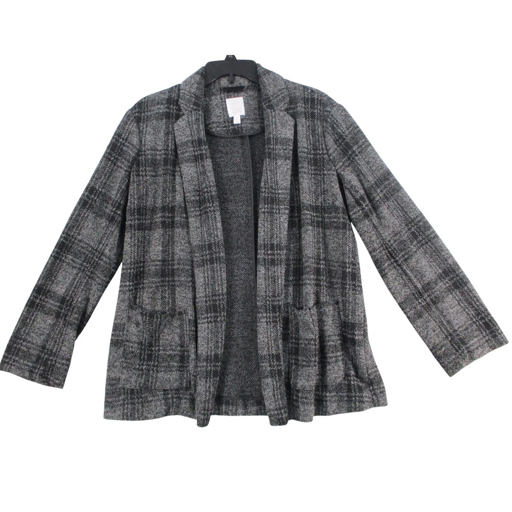 LC Lauren Conrad Gray Plaid Open Front Blazer Jacket Knit Pockets
